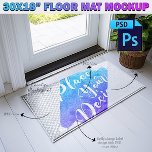 Puede incluir: Una maqueta de una alfombra de suelo de 76,2 x 45,7 cm con un diseño de acuarela y el texto "Place Your Design". La alfombra está sobre un suelo de madera blanco y hay una puerta blanca en el fondo.