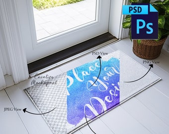 May include: A mockup of a 30x18 inch floor mat with a watercolor design and the text "Place Your Design". The mat is on a white wooden floor and there is a white door in the background.