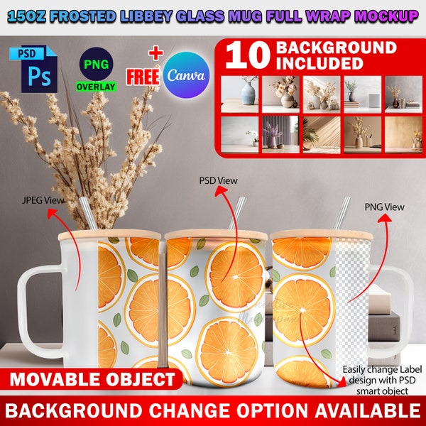 Dye Sublimation 15oz Frosted Libbey Glass Mug With Handle And Lid Full Wrap , Add Design & Background (10 Included) Via Canva Frame, PSD