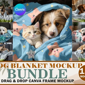 May include: A mockup bundle of 15+ dog blankets featuring various designs with stars and clouds. The blankets are shown on couches with dogs of different breeds and colors.