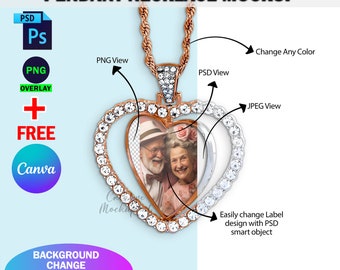 May include: A heart-shaped pendant necklace mockup with a clear photo insert. The pendant is made of gold-tone metal and has a clear crystal-like design. The necklace is on a light blue background.  Change Any Color, PNG View, PSD View, JPEG View, FREE, Canva.