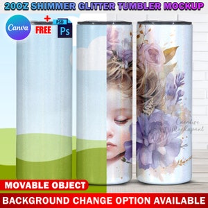 Canva 20oz Skinny Shimmer Glitter Tumbler Mockup Full Wrap View For Dye Sublimation | Insert Design & Background Via Canva Frame And PSD