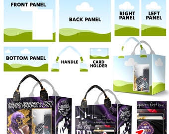 Geschenkbox-Vorlage, Designer-Handtasche mit Geschenkkartenhalter, Luxus-Handtaschen-Geschenkbox, Canva editierbar, Vatertag, Geschenk für Papa
