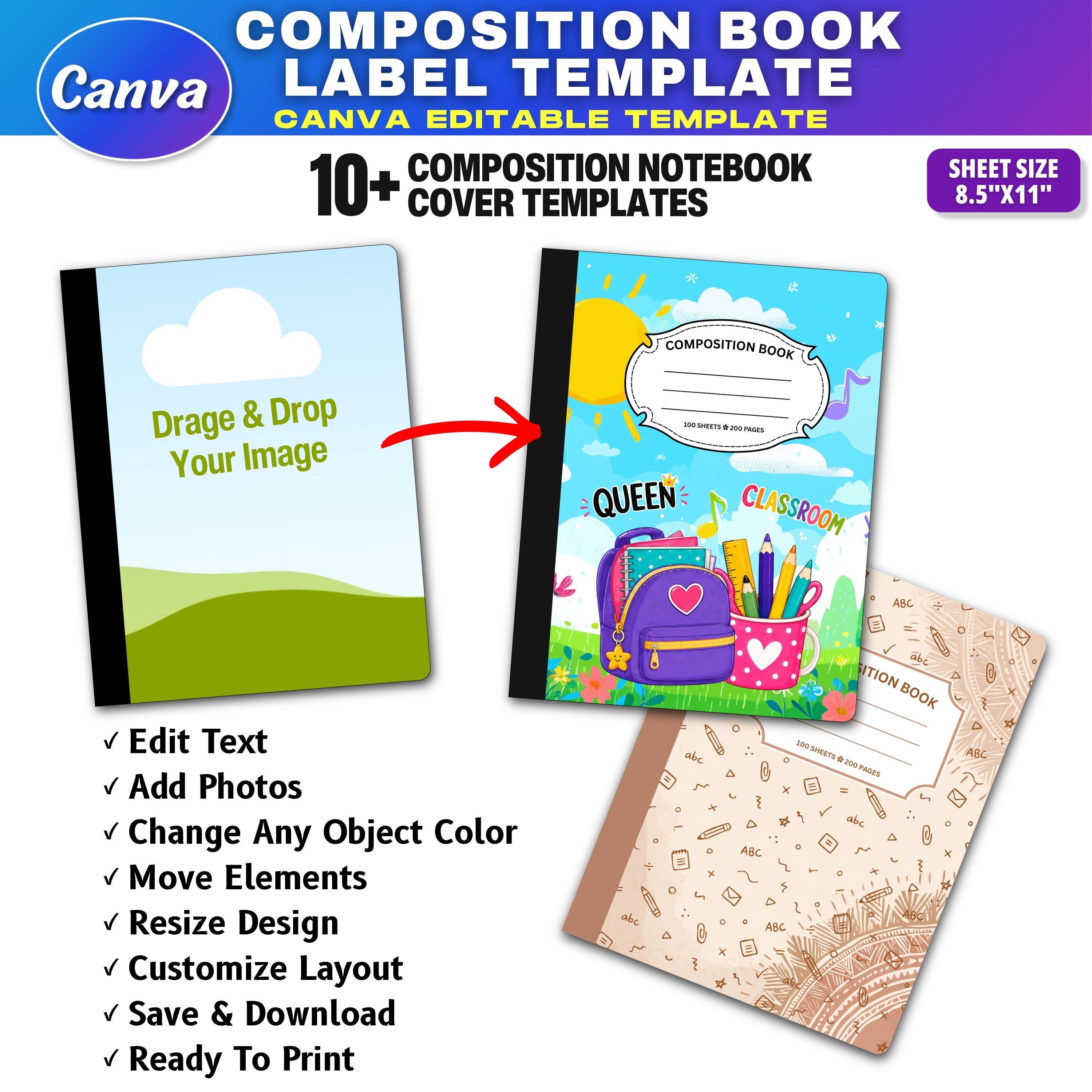 30x Composition Notebook Cover Canva Template, Editable Back to School ...