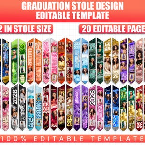 May include: A selection of graduation stoles in diverse colours, each displaying a photograph and the year 2026. These stoles are customisable and part of an editable template, with the text "GRADUATION STOLE DESIGN EDITABLE TEMPLATE".