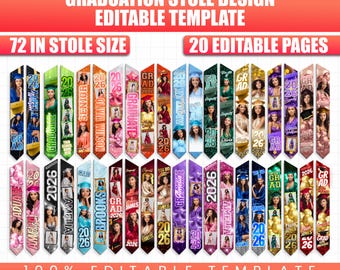 20x Graduation Stole Templates for Canva, Class of 2026 Senior Sash Bundle, Personalized Grad Sublimation Designs, DIY Senior 2026 Art