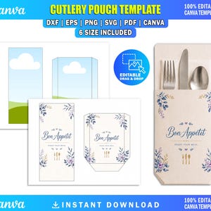 May include: A digital cutlery pouch template featuring the text Bon Appétit and Enjoy Your Meal, decorated with blue and purple floral illustrations. The design includes a fork, knife, and spoon icon, available in DXF, EPS, PNG, SVG, and PDF formats.