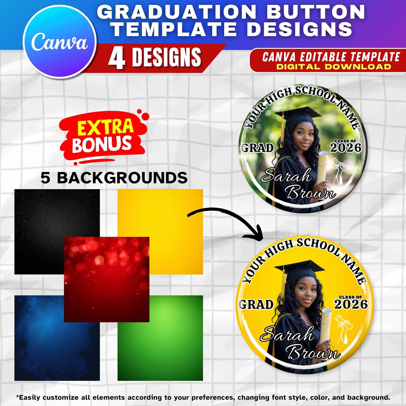 Grad Button Template 4+ Graduation Button Templates for Canva, Editable Class of 2026 Senior ...