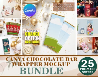 25 mockup di wrapper per barretta di cioccolato Canva, crea il tuo design per bomboniere, modello di cornice Canva facile da trascinare e rilasciare per aggiungere design e sfondi