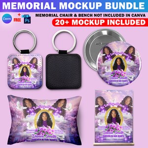 May include: A mockup bundle of memorial products featuring a purple and white cloudy background with doves and roses. The products include a pillow, a keychain, a button, and a sign with the text "In Loving Memory Dania Smith Forever in Our Hearts".