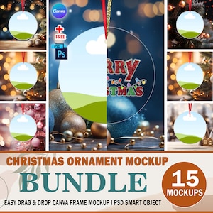 Canva Frame 15x Round Shape Acrylic Ornament Mockup Bundle, Glass Ornament Mockup, Insert Your Own Design & Background Via Canva Frame, PSD