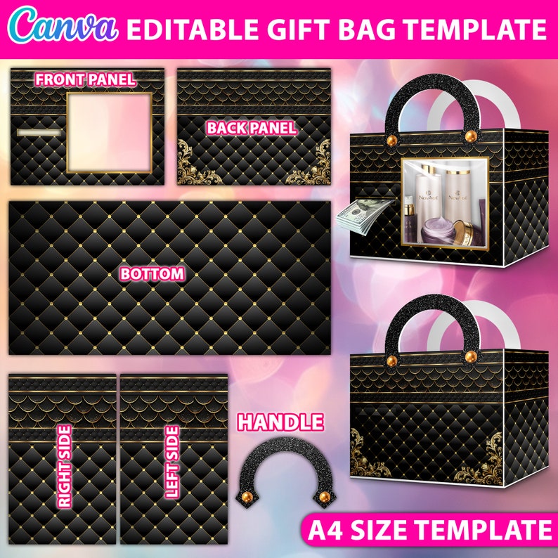 May include: Printable gift bag template with a black and gold quilted pattern. The template includes a front panel, back panel, bottom, right side, left side, and handle. The template is A4 size.