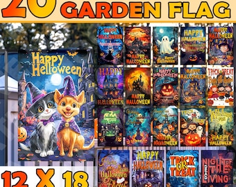 May include: A set of 20 Halloween garden flags, each featuring a different design. The flags are 12 inches by 18 inches and feature a variety of Halloween themes, including ghosts, pumpkins, bats, and witches. The flags are made of durable polyester and are double-sided.