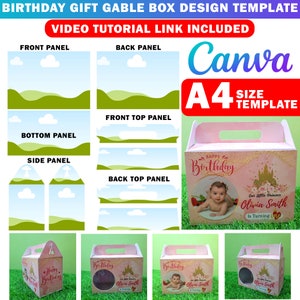 Plantilla de caja a dos aguas de Canva, plantilla de caja de regalo editable de Canva con partes separadas, instrucciones para hacer manualidades con cartón pluma, videotutorial incluido