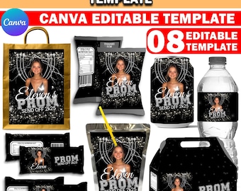 Paquete de plantillas de empaquetado para despedida de graduación, obsequios para despedida de graduación en plata y negro con purpurina, paquete de fiesta Canva, etiquetas de agua personalizadas, bolsa de papas fritas