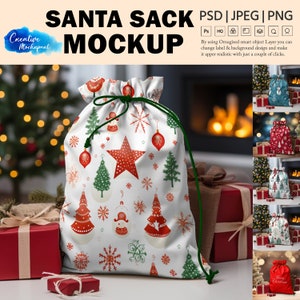 PSD Weihnachtssack Mockup, Weihnachtsbeutel Mockup, Weihnachts Kordelzugbeutel Mockup, Weihnachtsgeschenktüte Mockup, Design einfügen über Smart PSD Canva PNG & Jpg