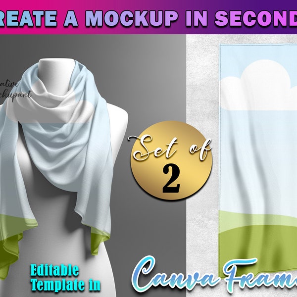 Canva Frame Silk Scarf Mockup| Set of 2 Straight & Wrapped Silk Scarf| Drag And Drop Your Design Via Canva Frame