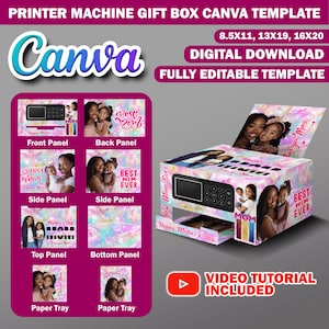 Plantilla de diseño Canva para caja de regalo con impresora para el Día de la Madre, caja de regalo para el Día de la Madre hecha con cartón pluma, bolsa de regalo editable, cumpleaños, caja de regalo moderna.