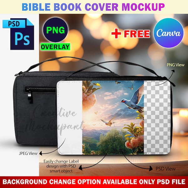 Dye Sublimation Bible Book Cover Mockup, Bible Cover Bag Mockup, Insert Design & Background Via Photoshop Smart PSD, PNG And Canva Frame