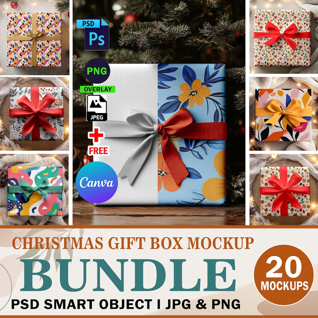PSD 20x Christmas Gift Box Mockup Bundle , Insert Design, Change Ribbon ...