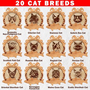 Op de afbeelding: Een set van 20 houten ornamenten met verschillende kattenrassen. Elk ornament is rond met een kattenkop in het midden en de tekst "Meow you're talking!" bovenaan. De ornamenten zijn gelabeld met het kattenras, zoals "Huiskat zonder stamboom", "Siberische kat", "Siamese kat" en "Selkirk Rex kat".