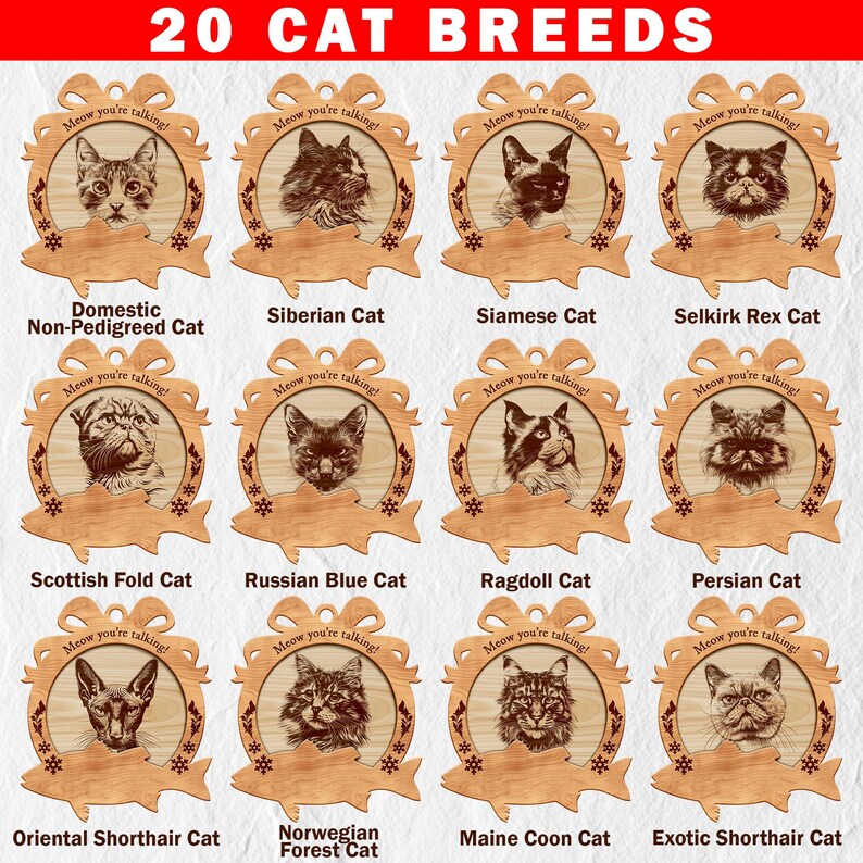 Op de afbeelding: Een set van 20 houten ornamenten met verschillende kattenrassen. Elk ornament is rond met een kattenkop in het midden en de tekst "Meow you're talking!" bovenaan. De ornamenten zijn gelabeld met het kattenras, zoals "Huiskat zonder stamboom", "Siberische kat", "Siamese kat" en "Selkirk Rex kat".