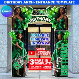Birthday Entrance Arch Design Canva Template, Green & White Birthday Arch, Editable B&#39;day Arch Entryway, Bday Archway For Party Decoration