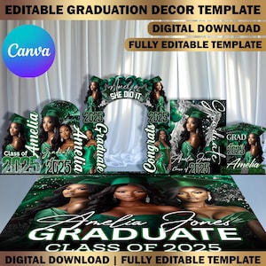 Custom Graduation Decor Canva Template Bundle, Name Cutout, Green & Silver Grad Entrance Arch, Magazine Backdrop, Hat Arch Wall, Floor Wrap