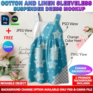 Puede incluir: Una maqueta de un vestido de tirantes sin mangas de algodón y lino con un estampado de estrellas azules y blancas. El vestido tiene dos bolsillos y una superposición blanca. El texto "Change Color Here" es visible en la imagen.