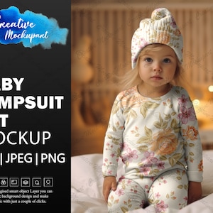 Baby Jumpsuit Set Mockup With Hat/Cap Mockup | Baby sleeper pajama set with winter cap mockup| lifestyle photography | DYE Sublimation | PSD