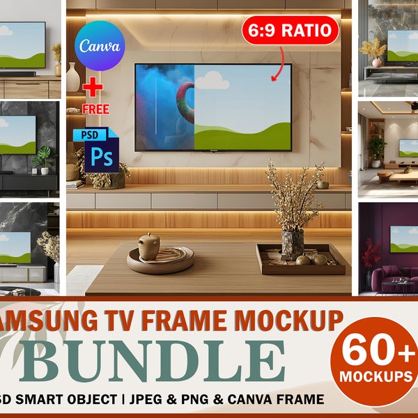 Canva 60 TV-Rahmen-Mockup-Bundle, TV-Rahmen-Mockup-Bundle im Verhältnis 6: 9, Marken-Tv-Rahmen-Landschaftsmodell, Design über Smart Canva Frame und PSD einfügen