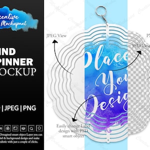 May include: A white wind spinner mockup with a blue and purple watercolor design. The text "Place Your Design" is written on the spinner. The mockup is on a white background.