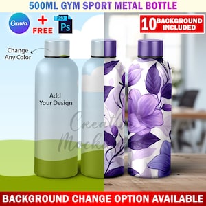 May include: Mockup of a 500 ml metal water bottle with a purple floral design. The bottle is on a wooden surface. 10 backgrounds are included.