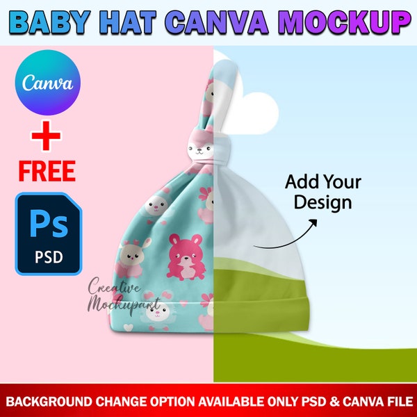 Canva Baby Knotted Hat Mockup, Baby Knot Beanie Mockup, Insert Design & Background Via Photoshop PSD And Canva Smart Frame