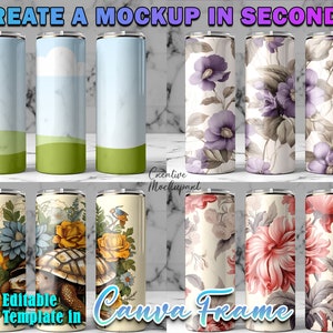Canva Frame 20Oz Skinny Tumbler Full Wrap Mockup | Canva Drag & Drop 20oz Tumbler Mockup| Insert Your Own Background Mockup| 20oz Mockup