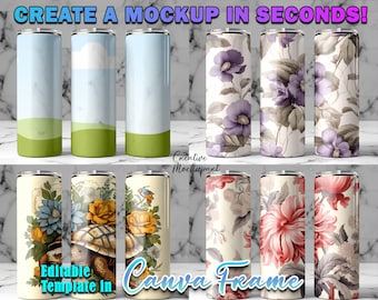 May include: Nine different designs for a 20 oz. stainless steel tumbler mockup. The designs include a blue sky with clouds and green grass, purple flowers, pink flowers, a turtle with flowers, and a bird with flowers. The text "Create a Mockup in Seconds!" and "Editable Template in Canva Frame" are also visible.