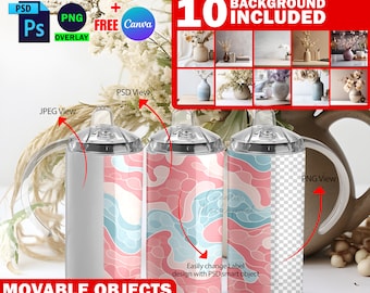 Dye Sublimation 12oz Sippy Cup Mockup, 11 Ready to Use Background Included, Insert Own Design And Background Via Smart Canva Frame And PSD