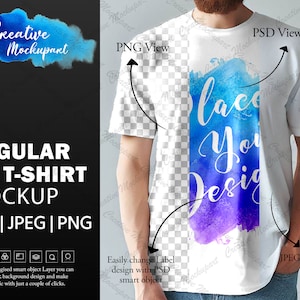 Maquete de camiseta Regular Fit | Maquete de camiseta masculina | Camisa casual | Altere o plano de fundo, adicione seu próprio design via Photoshop PSD e Canva PNG
