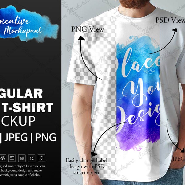 Regular Fit T-shirt Mockup |  Men's T-shirt Mockup | Casualwear Shirt| Change Background, Add your own design Via Photoshop PSD & Canva PNG