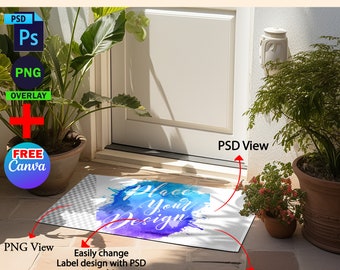 May include: A mockup of a 30x18 inch doormat with a watercolor design that says "Place Your Design". The doormat is placed in front of a white door with a light brown brick wall behind it. There are two potted plants on either side of the door.