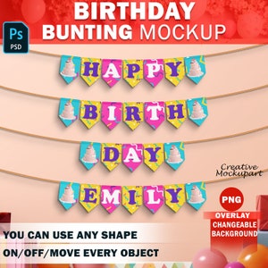 Birthday Day Bunting Mockup, Paper Flag Banner Mockup, Pennant Bunting Banner Mockup, Festive Stationery Mockup, Insert Design Via PSD & PNG