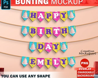Birthday Day Bunting Mockup, Paper Flag Banner Mockup, Pennant Bunting Banner Mockup, Festive Stationery Mockup, Insert Design Via PSD & PNG