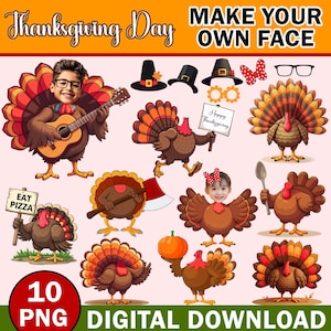 May include: A set of 10 digital Thanksgiving Day printable images featuring turkeys in various poses, including playing guitar, holding a sign, and wearing a hat. The images are perfect for creating personalized cards, invitations, or decorations.