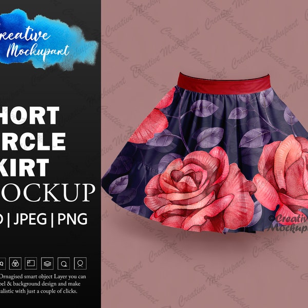 Short Circle Skirt Mockup | Women Flared Style Circle Skirt, Natural Mini Circle Skirt For Summer and Gathering, Skirt PSD & PNG Template