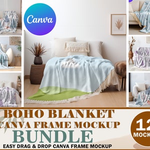 Canva Boho Blanket Mockup Bundle,  Through Fleece Sherpa Velveteen Plush Microfiber Minky Canva Blanket Overlay, Aesthetic Blanket Mockup