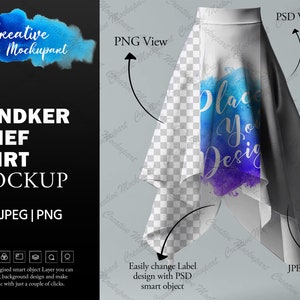 May include: A mockup of a white handkerchief chief skirt with a blue and purple watercolor design. The skirt is draped over a gray surface and the design is visible through the fabric. The text "Place Your Design" is written in white on the design.