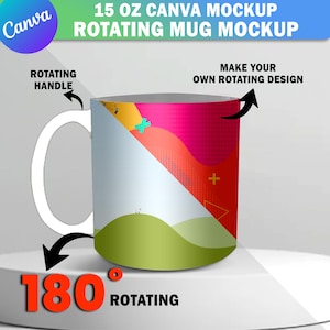 May include: A white ceramic mug mockup with a 15 oz capacity. The mug is rotating to show two different designs. One side features a green landscape with a white sheep. The other side features a colorful abstract design with red, orange, yellow, and blue colors. The text "180° rotating" is visible below the mug.