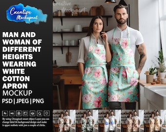 Man & Woman Wearing Cotton Apron Mockup | Kitchen Chef Apron Pair Mockup Set | Dye Sublimation, Insert Design Via Smart PSD, Canva PNG JPG