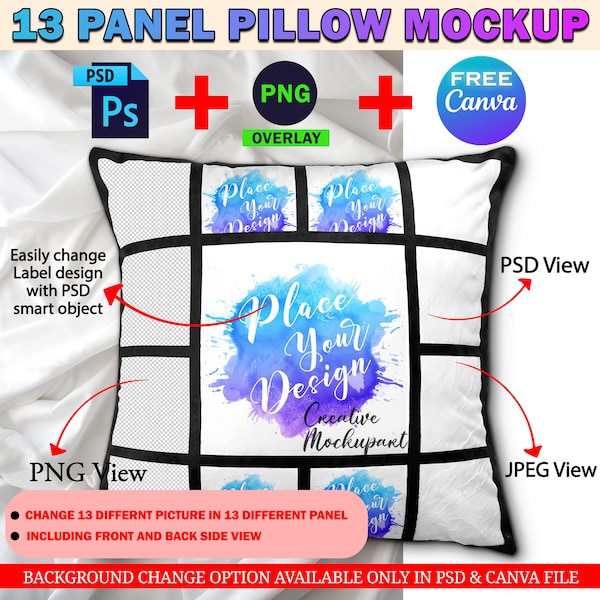 Dye Sublimation 13 Panel Pillow Mockup, Photo Frame Pillow Cover Mockup, Insert Design & Background Via Photoshop PSD And Smart Canva Frame