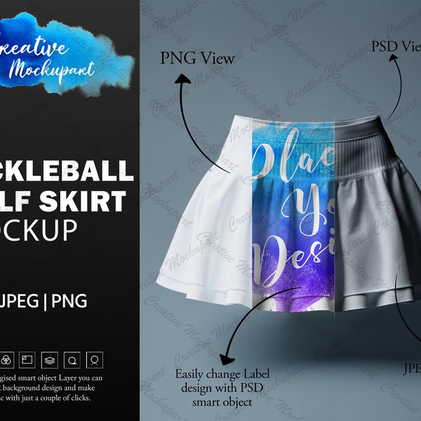 Pickleball Golf Skirt Mockup | Tennis flare skirt template |  DYE Sublimation Add your own design Via Photoshop Smart PSD Object & Canva PNG